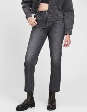 Gap 10 PETITE Cheeky Straight High-Rise Faded Black Button-Fly Denim Jeans NWT